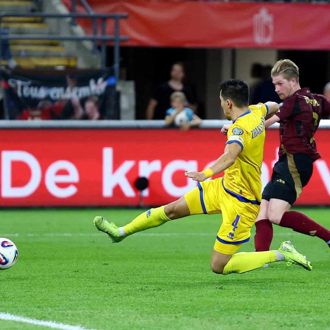 Soccer Football - World Cup - UEFA Qualifiers - Group J - Belgium v Kazakhstan - Lotto Park, Brussels, Belgium - September 7, 2025 Belgium's Kevin De Bruyne scores their fifth goal REUTERS/Yves Herman