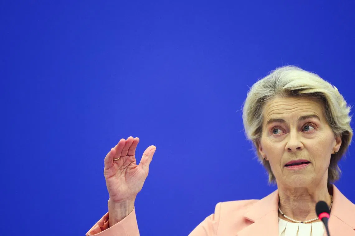 FILE PHOTO: European Commission President Ursula von der Leyen holds a press conference on the suggested structure and portfolios of the college of European Commissioners in Strasbourg, France September 17, 2024. REUTERS/Johanna Geron/File Photo