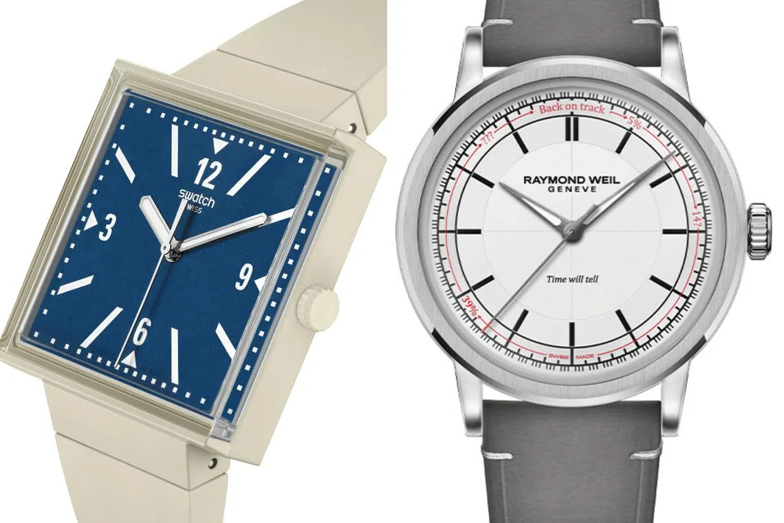 Swatch (left) reversed three and nine on the dial to mark Mr Trump's 39 per cent tariffs, while Raymond Weil made a limited edition version - 39 pieces - of its classic models.