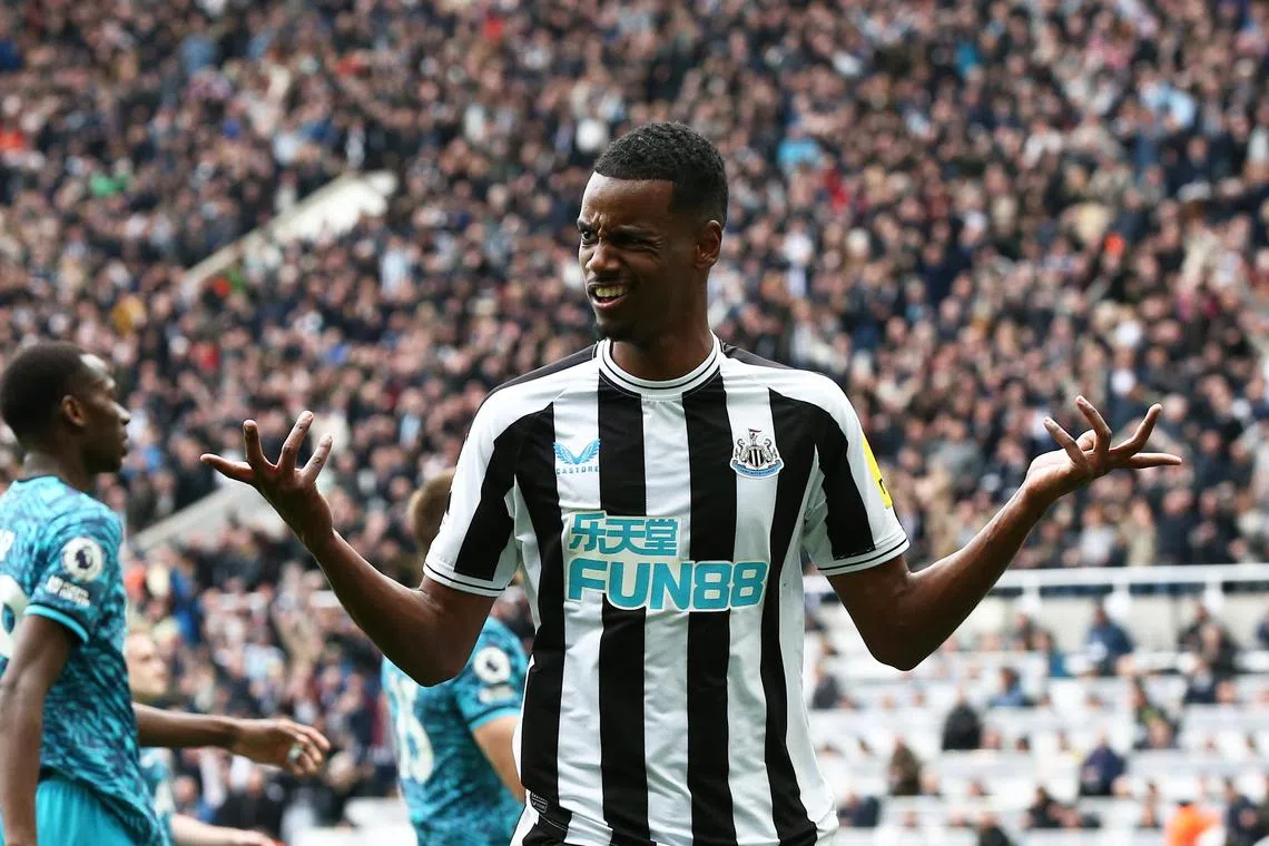 Alexander Isak of Newcastle United celebrating after scoring the fifth goal in the 6-1 English Premier League win over Tottenham Hotspur at St James Park on Sunday.