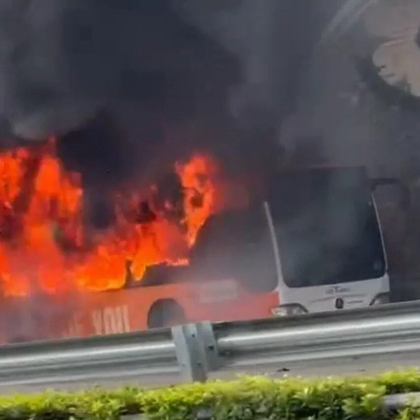 An SBS Transit bus engulfed in flames on the PIE on Feb 13.