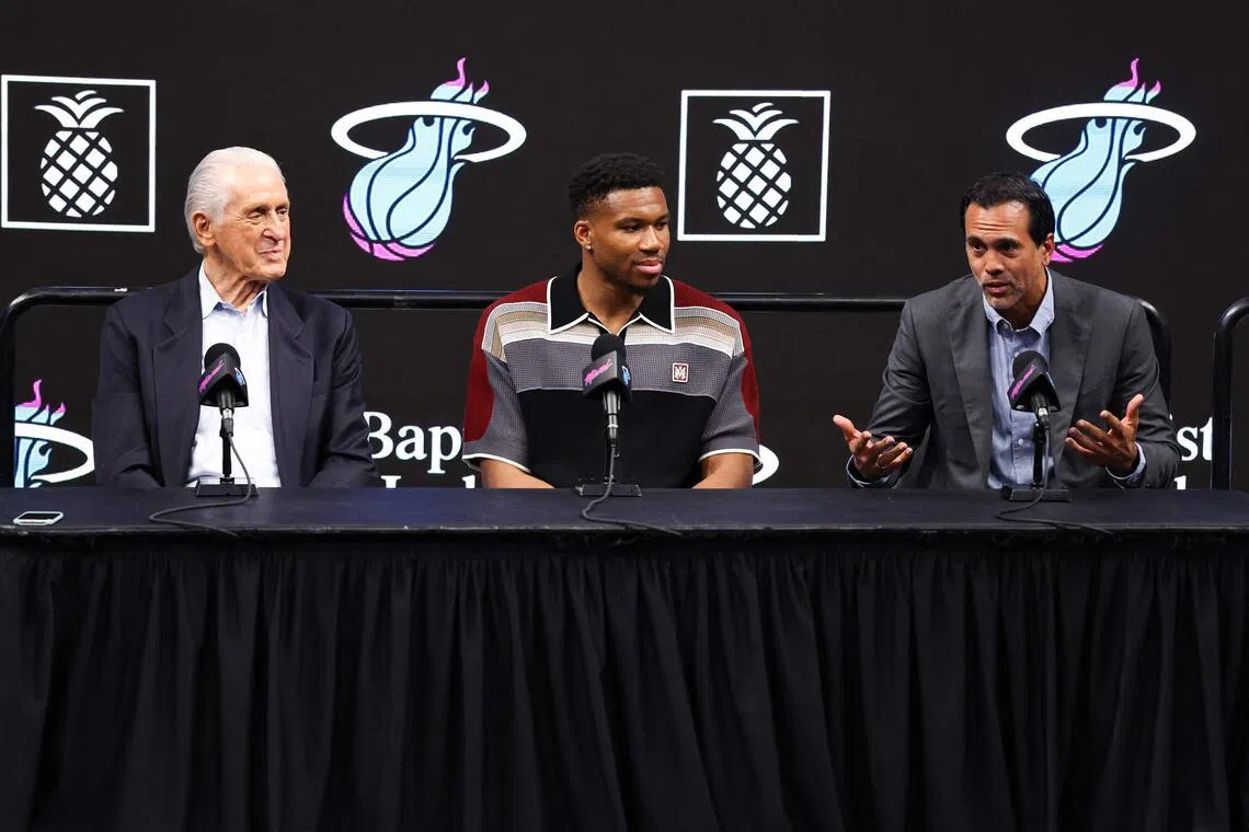 MIAMI, FLORIDA - JULY 16: Miami Heat President Pat Riley, Giannis Antetokounmpo #7, and head coach Erik Spoelstra of the Miami Heat speak to the media during an introductory press conference at Kaseya Center on July 16, 2026 in Miami, Florida. NOTE TO USER: User expressly acknowledges and agrees that, by downloading and or using this photograph, User is consenting to the terms and conditions of the Getty Images License Agreement.   Megan Briggs/Getty Images/AFP (Photo by Megan Briggs / GETTY IMAGES NORTH AMERICA / Getty Images via AFP)