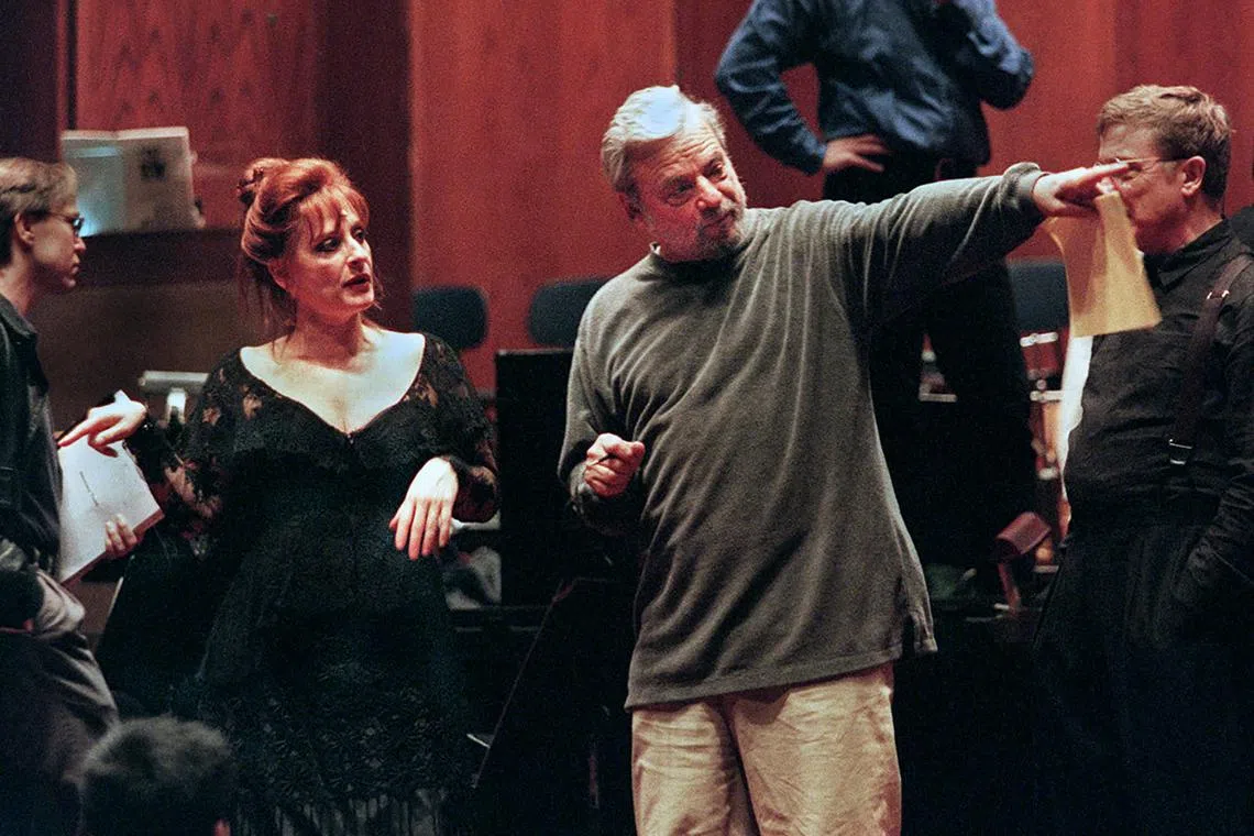 FILE Ñ Patti LuPone and Stephen Sondheim during a rehearsal of the New York Philharmonic's concert performance of ÒSweeney ToddÓ at Avery Fisher Hall in New York, May 3, 2000. The musicals of Stephen Sondheim often struggled at the box office during his lifetime, but since his death several have become huge hits on Broadway. (Sara Krulwich/The New York Times)