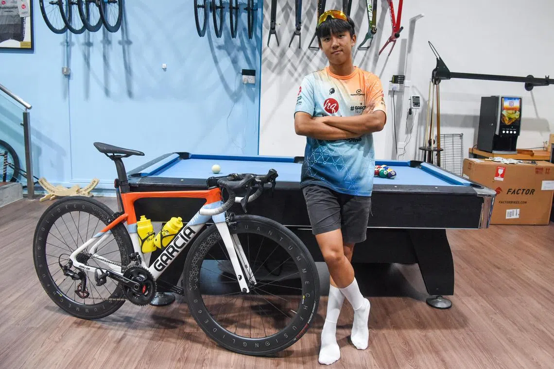 Brayden Toh, 16, a member of local cycling outfit Team Garcia with his bicycle at Team Garcia’s store on August 9, 2023.

(ST PHOTO: EUGENE TAN)

brayden toh, 16, a member of local cycling outfit Team Garcia
Team Garcia was founded by Melvin Lee, owner of RNE Bike Shop, in 2019. The 55-year-old, who was a former gang member and was once almost expelled from school, set up the team to provide guidance to youth, including troubled youth.
brayden will be going to the "clubhouse", where the team hangs out after training.
