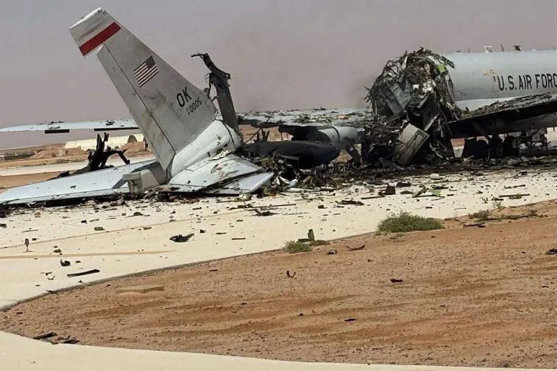 A destroyed US Air Force Airborne Warning and Control System (AWACS) aircraft seen in the aftermath of a missile strike at Prince Sultan Airbase in Saudi Arabia.