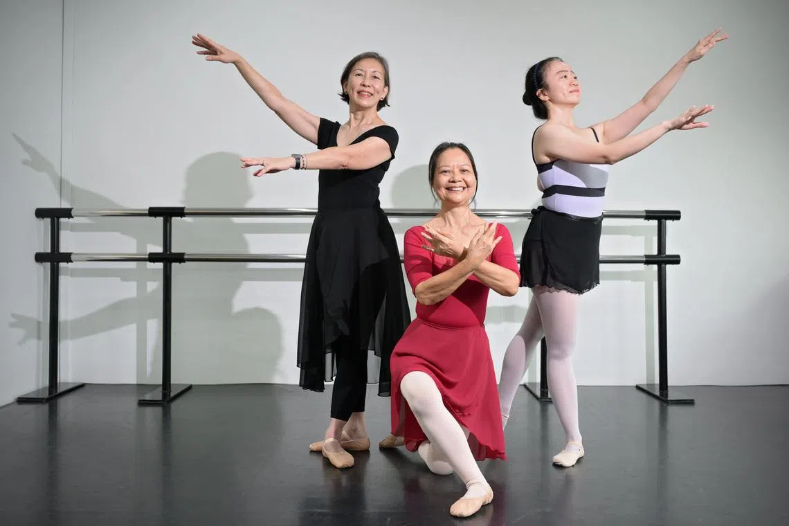 From left: Retiree Su Yim, 63, semi-retiree Kat Lam, 62, and dance teacher Siew Lin Fong, 39, at the The Ballet Academy. 