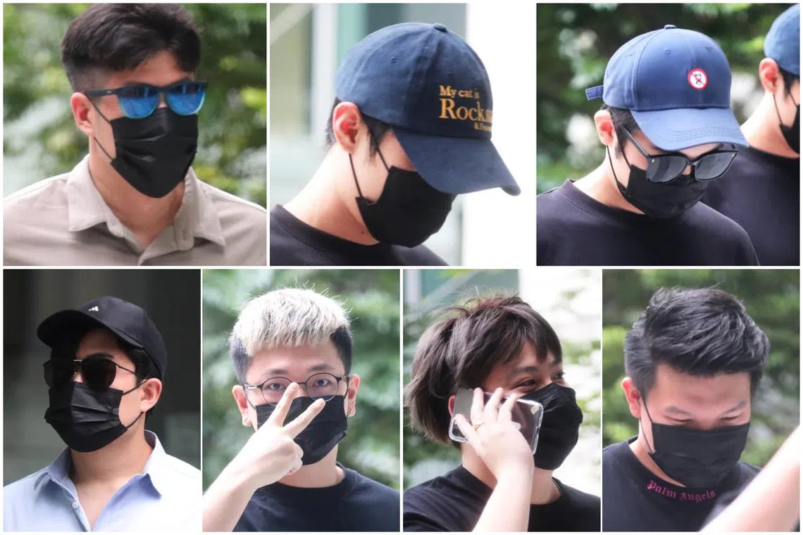 (Clockwise, from top left) Kenneth Fu Yongli, Oh Jia Fu, Louis Lee Ren Jun, Brian Anthony Yap, Ian Khoo Ye Siang, Lim Yu Shun and Lincoln Peh Wei Qiang were fined and banned from driving.