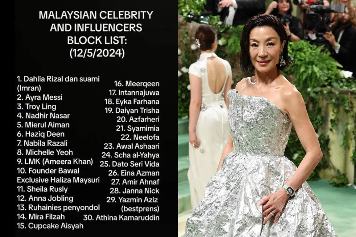 Oscar star Michelle Yeoh is among several Malaysian celebrities and influencers targeted by the local 'Block Out 2024' movement. 