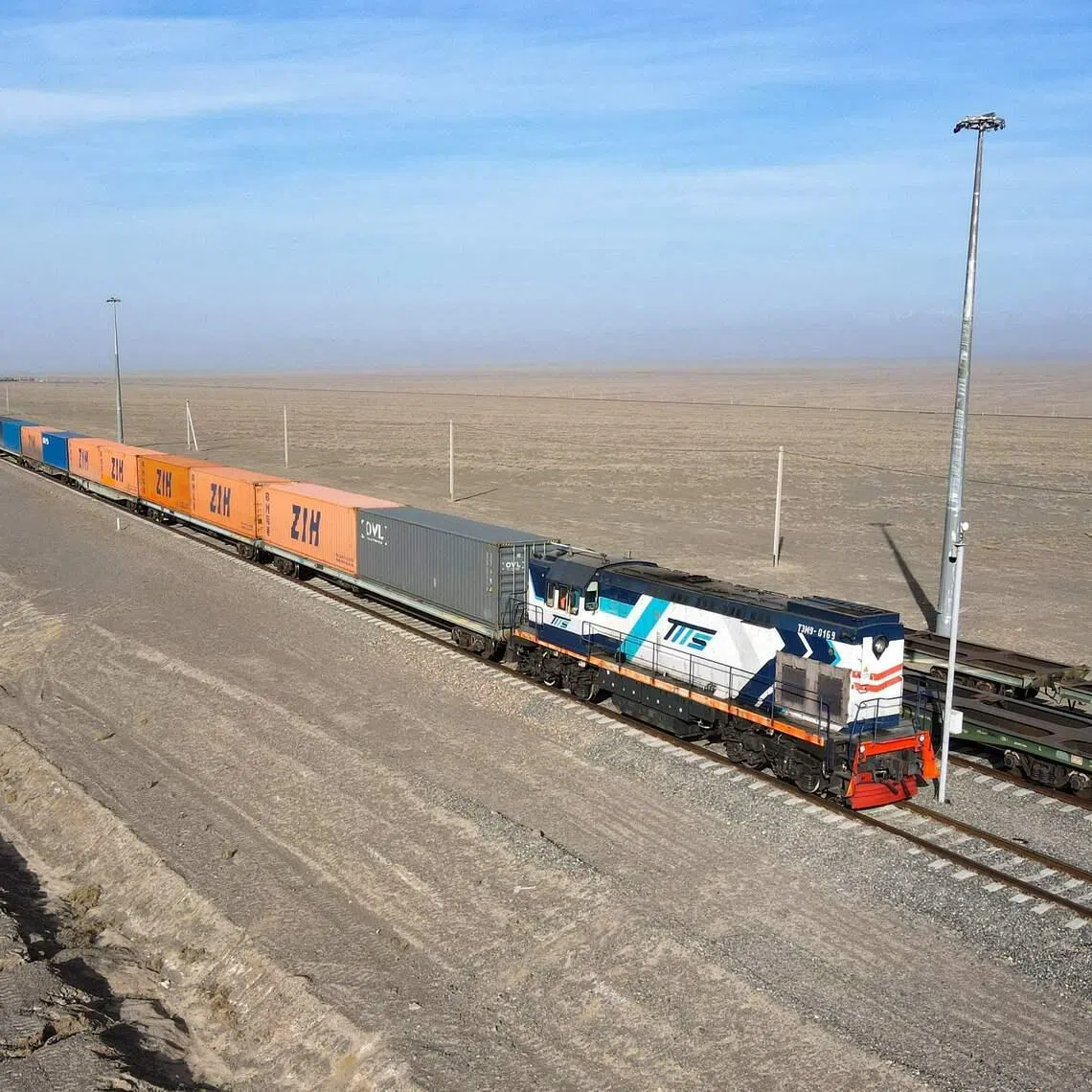 A freight train near the railway station of Dostyk at the Kazakh-Chinese border, a key hub for trade between China and Europe through Central Asia.