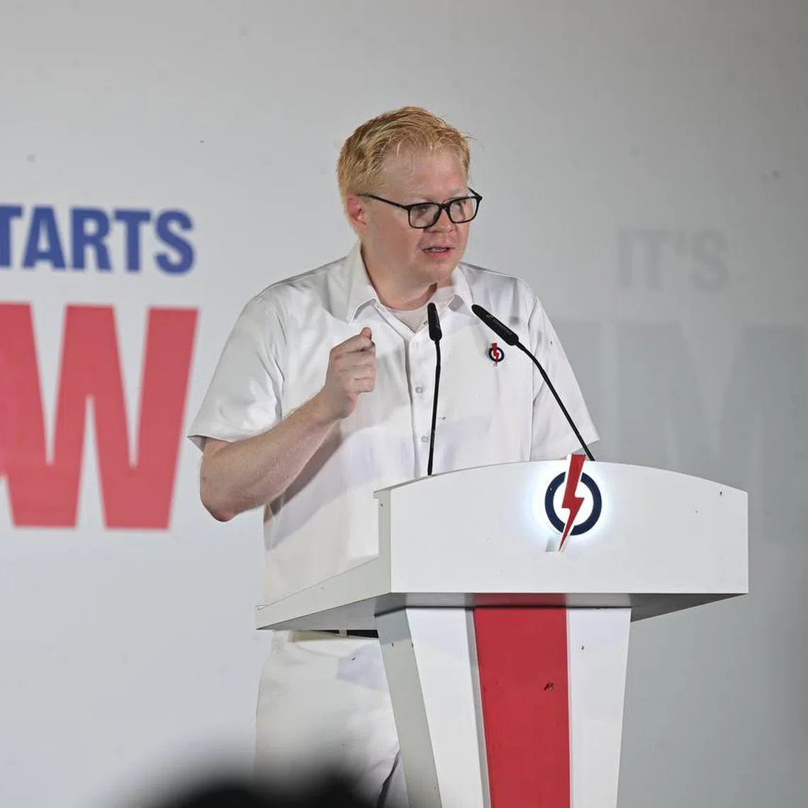 Mr Daniel Liu, PAP candidate for Aljunied GRC, speaking at the rally at Serangoon stadium on May 1.