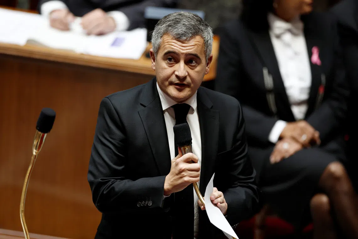 French Justice Minister Gerald Darmanin speaks during the questions to the government session at the National Assembly in Paris, France, October 21, 2025. REUTERS/Benoit Tessier