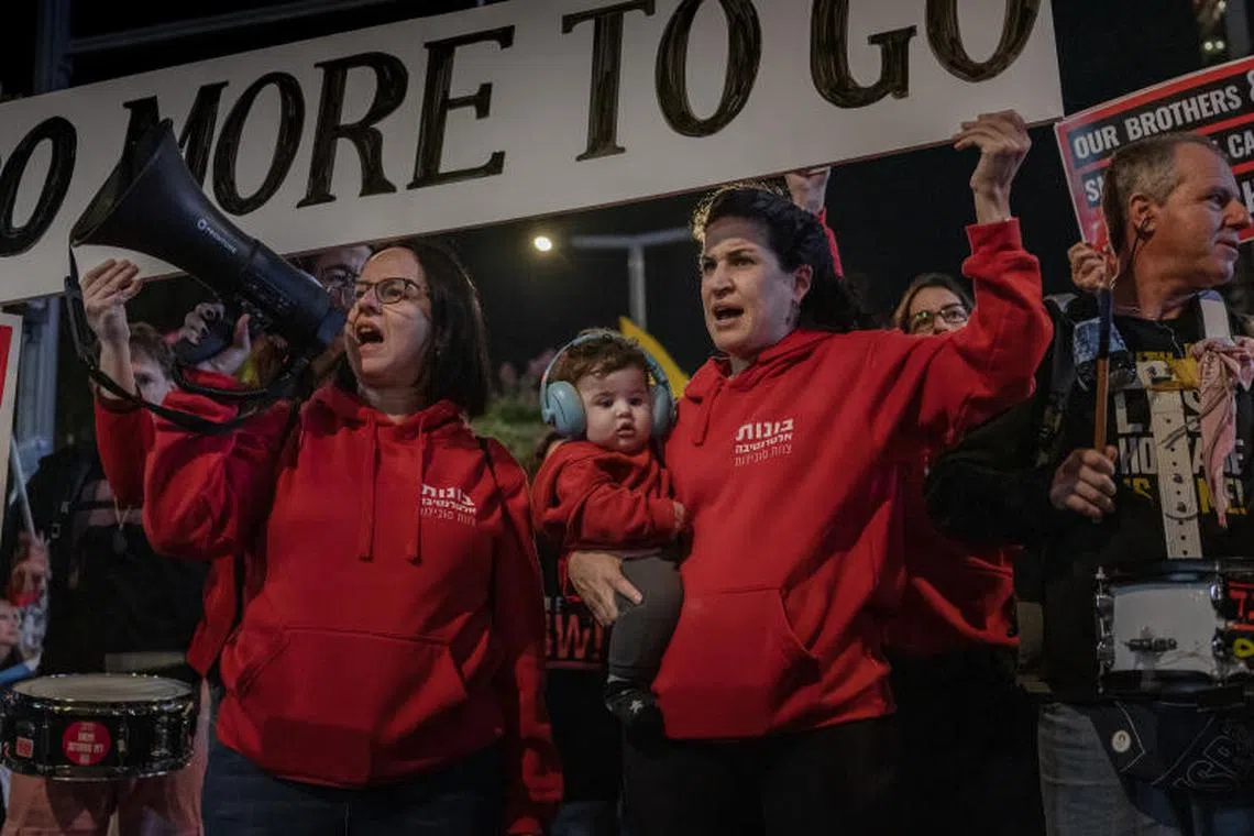 Families and their supporters take part in a demonstration on Saturday calling for the release of all hostages, in Tel Aviv, Israel on Saturday, Jan. 25, 2025. Hamas on Saturday freed four female Israeli soldiers held hostage in Gaza in a carefully choreographed display, in a show of force that highlighted how powerful the group remains inside the enclave. (Amit Elkayam/The New York Times)