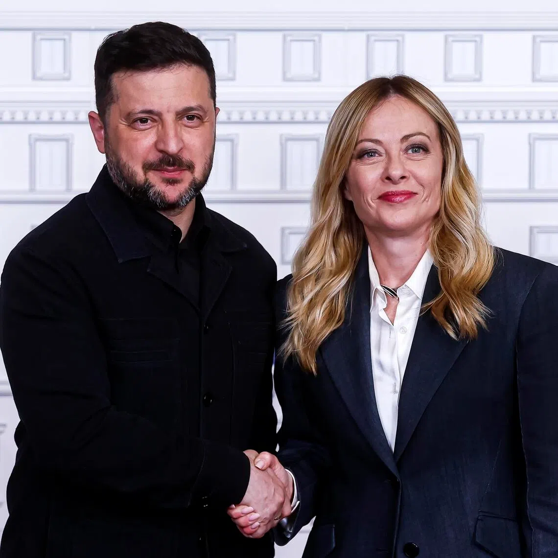 Italian Prime Minister Giorgia Meloni (right) and Ukrainian President Volodymyr Zelensky attending a joint press conference in Rome, Italy, on April 15.