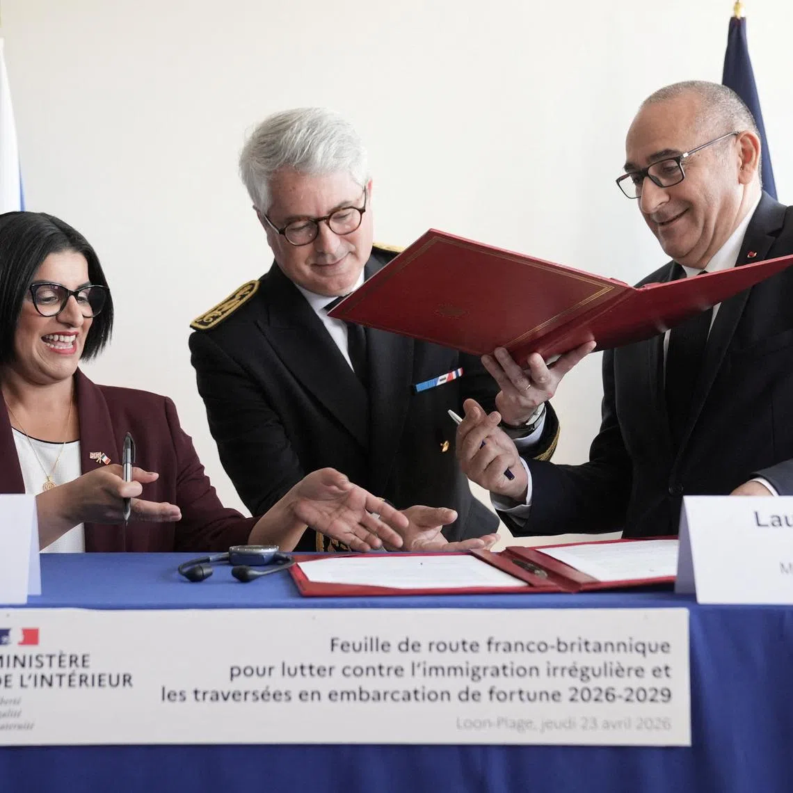 British Home Secretary Shabana Mahmood signs a three-year £662 million agreement with French Interior Minister, Laurent Nunez during her visit to France, April 23, 2026.    Stefan Rousseau/Pool via REUTERS