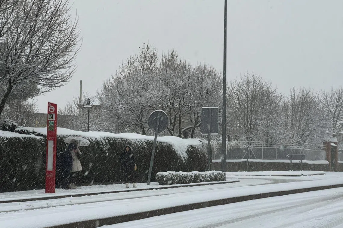 People wait for a bus in the snow as storm Kristin hits several parts of Spain and Portugal, in Galapagar, on the outskirts of Madrid, Spain, January 28, 2026. REUTERS/Silvio Castellanos