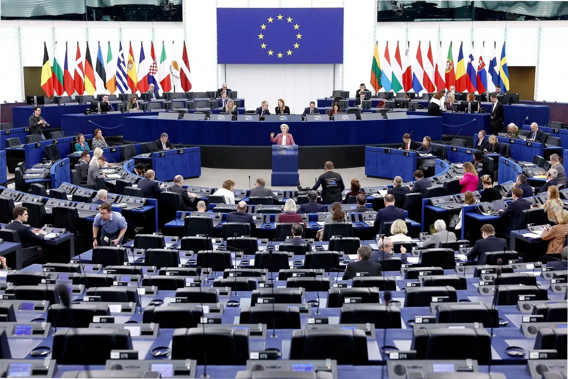 European European Commission President Ursula von der Leyen speaking at the European Parliament in Strasbourg, France, on Oct 22.