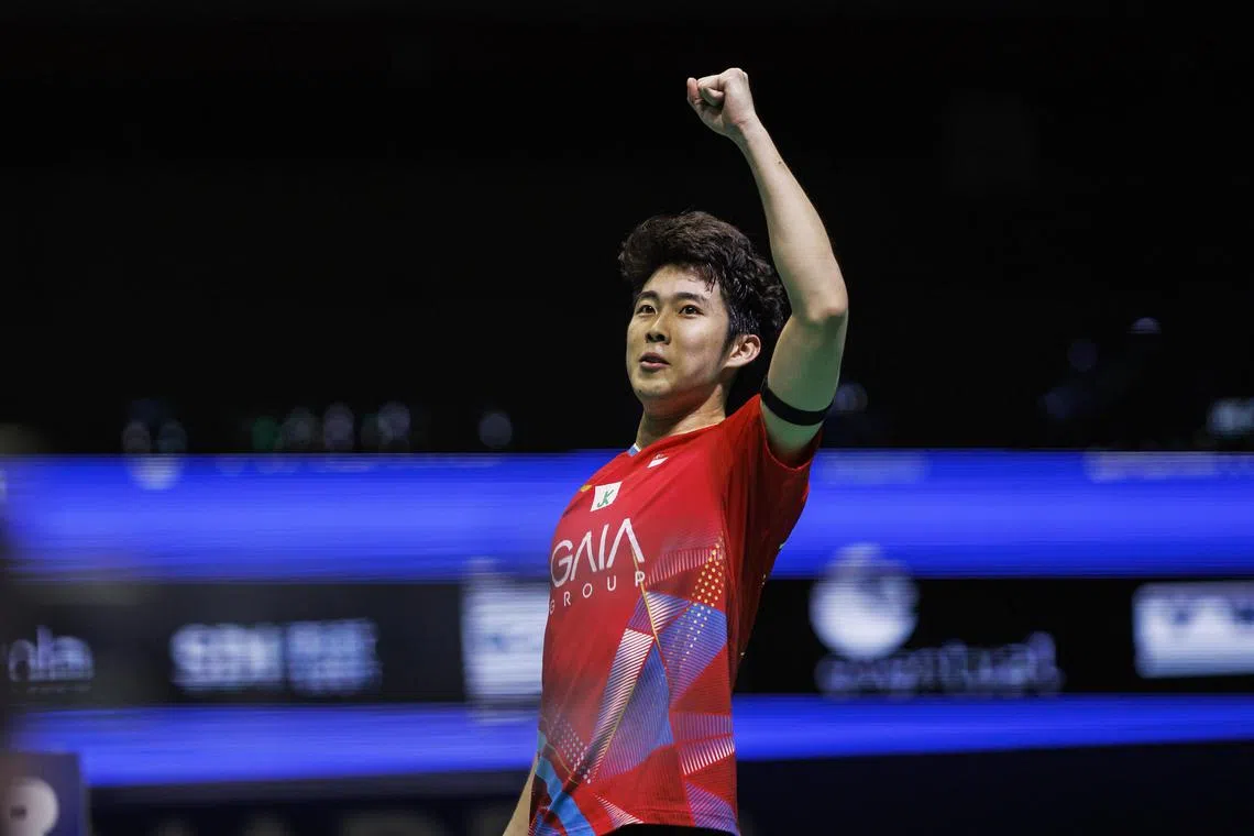 Loh Kean Yew celebrates his semi-final victory against Wang Tzu-wei at the Spain Masters in Madrid on March 30.