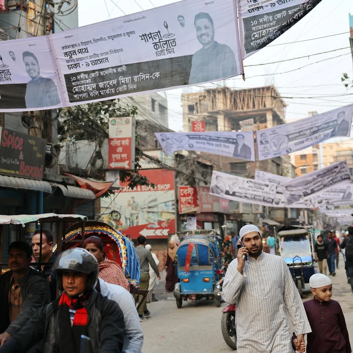 Election campaign banners of candidates hang over the streets ahead of the national election in Dhaka, Bangladesh, February 7, 2026. REUTERS/Mohammad Ponir Hossain