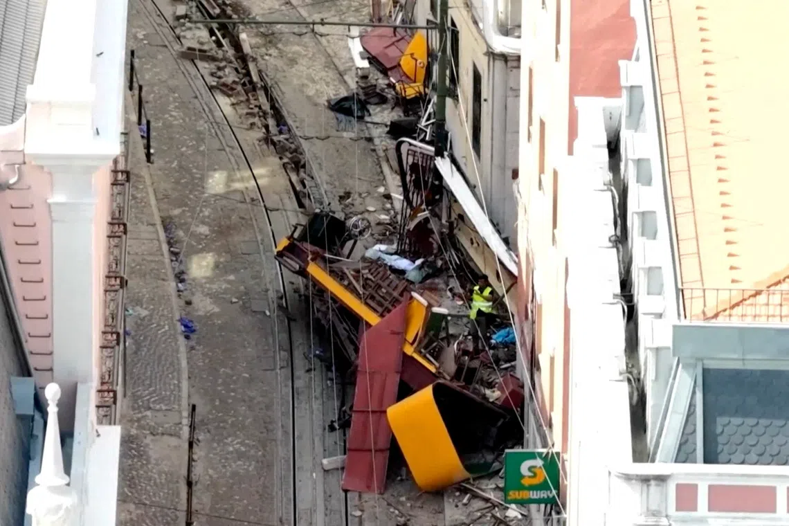 FILE PHOTO: A drone view shows the site of the accident after Gloria Funicular railway car, a popular tourist attraction, derailed and crashed, resulting in multiple casualties, according to authorities, in Lisbon, Portugal, September 4, 2025. REUTERS TV/via REUTERS/File Photo