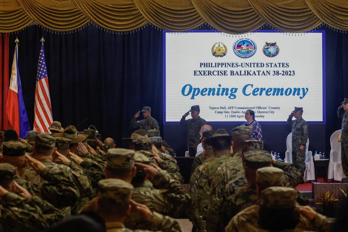 The opening ceremony for the 38th Exercise Balikatan at the Armed Forces of the Philippines headquarters in Manila on April 11, 2023.