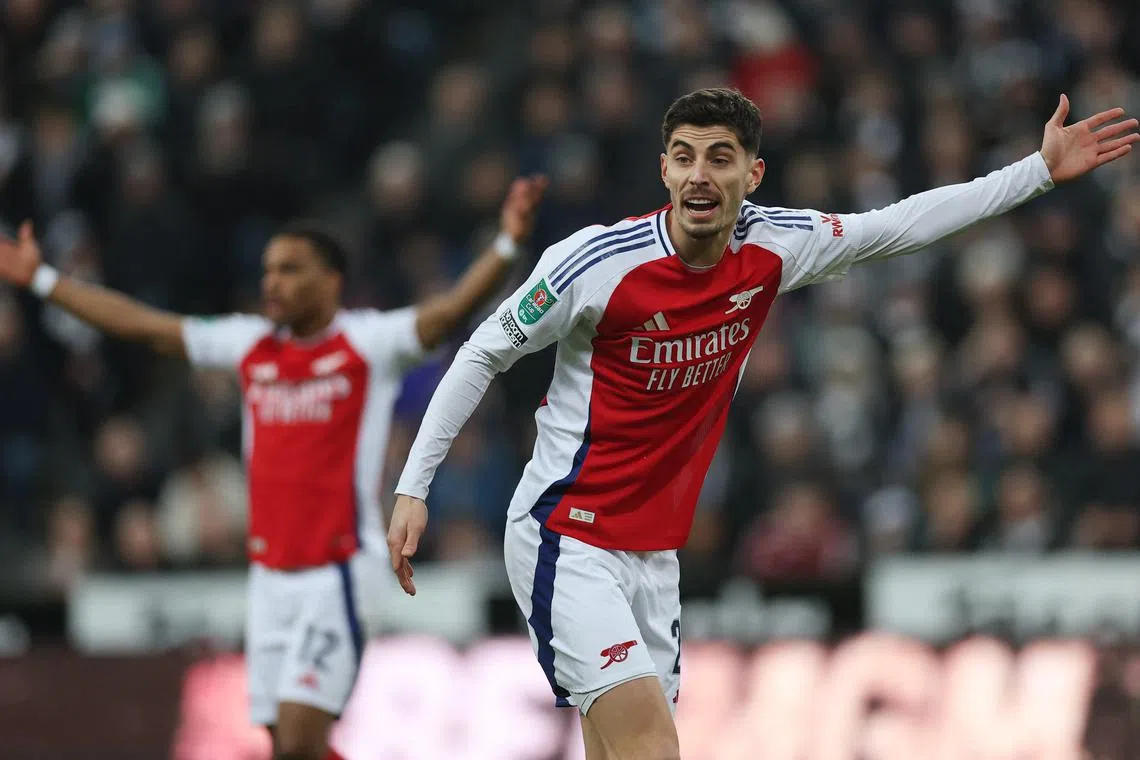 FILE PHOTO: Soccer Football - Carabao Cup - Semi Final - Second Leg - Newcastle United v Arsenal - St James' Park, Newcastle, Britain - February 5, 2025 Arsenal's Kai Havertz reacts Action Images via Reuters/Lee Smith/ File Photo