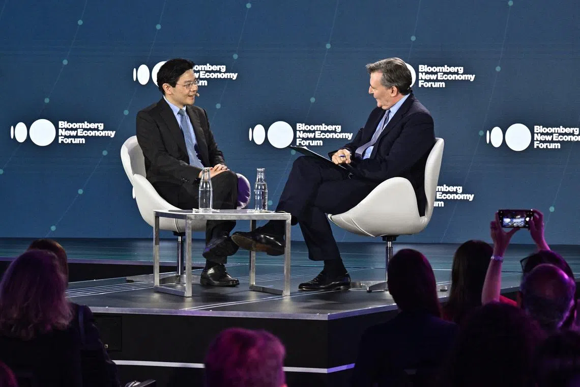 ST20221117-202282731354-Lim Yaohui-pixbloomberg/
In Conversation with Deputy Prime Minister Lawrence Wong with moderator John Micklethwait, Editor-in-Chief, Bloomberg Editorial & Research, during Bloomberg New Economy Forum at Capella Singapore, Sentosa on Nov 17, 2022.
(ST PHOTO: LIM YAOHUI)