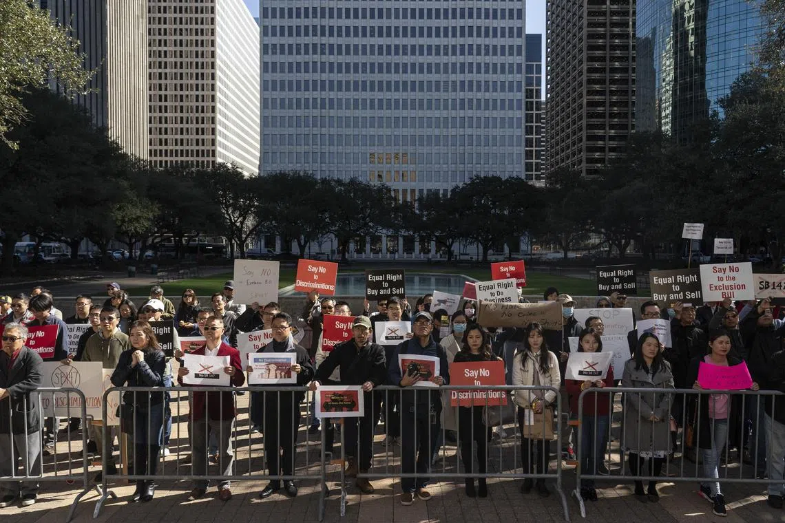 A rally against State Senate Bill 147, the Bill that would ban Chinese citizens from buying real estate in Texas, outside City Hall in Houston.