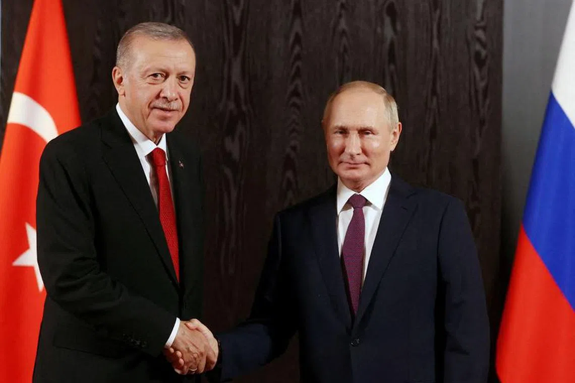 Russian President Vladimir Putin and Turkish President Tayyip Erdogan attend a meeting on the sidelines of the Shanghai Cooperation Organization (SCO) summit in Samarkand, Uzbekistan September 16, 2022. Sputnik/Alexander Demyanchuk/Pool via REUTERS/File Photo
