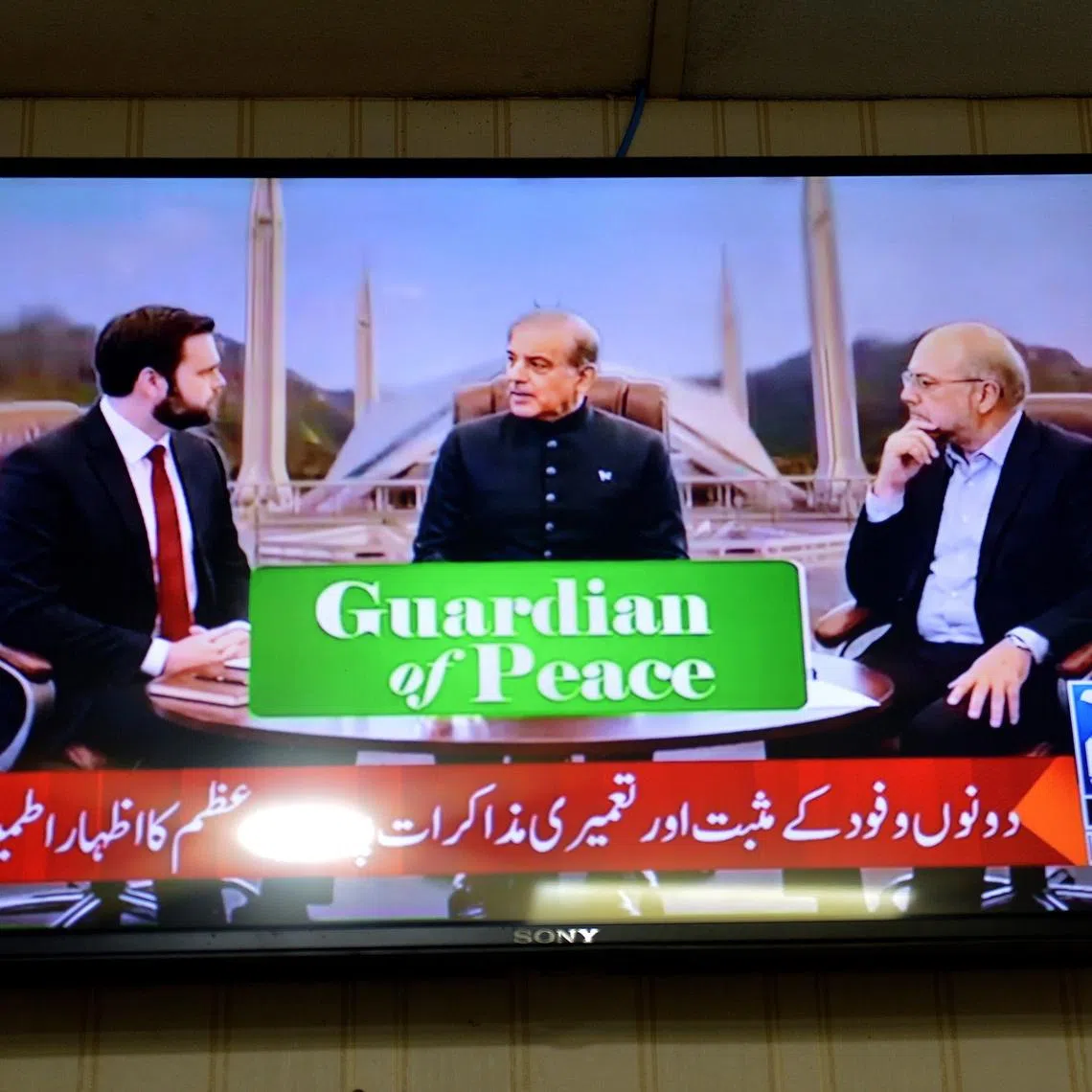 (From left) VP of US JD Vance with Pakistani Prime Minister Shehbaz Sharif and Iran's parliamentary Speaker Mohammad Bagher Ghalibaf during US-Iran talks, in Peshawar, Pakistan, on April 11.
