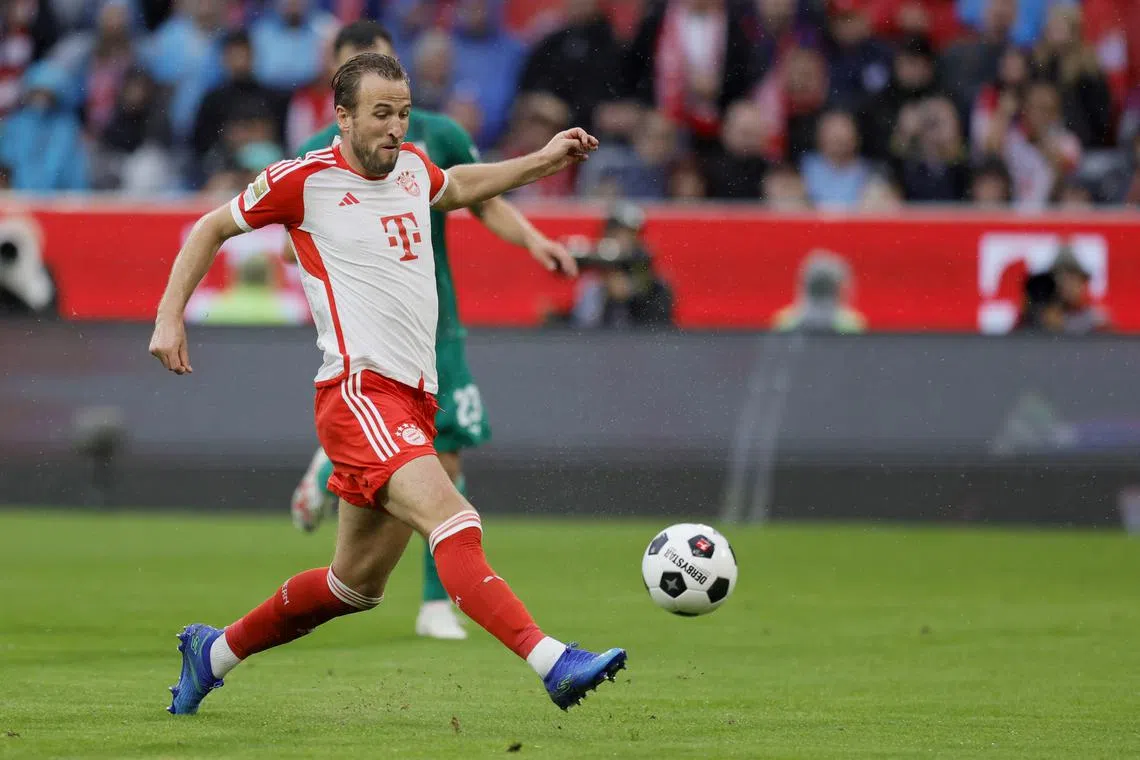 Munich's Harry Kane scores the 3-0 goal during the match between FC Bayern Munich and FC Augsburg.