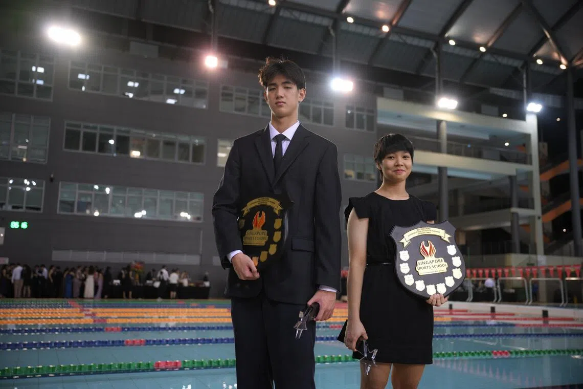 Moo Soon Chong Outstanding Student-Athlete of the Year (Secondary) winners Chow Yong Jun (left) and Loy Ming Ying, pictured after the Singapore Sports School Awards Night held on Feb 11, 2026.