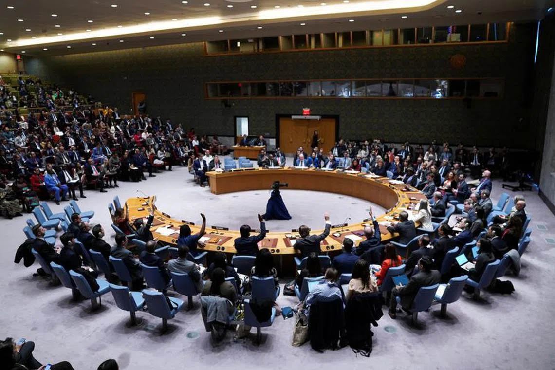 Members of the United Nations Security Council vote during a meeting of the Security Council on Oct 25, 2023.