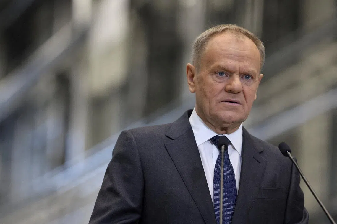 Poland's Prime Minister Donald Tusk holds a press conference during a signing event for the delivery of anti-aircraft systems capable of countering unmanned aerial vehicles in Kobylka, Poland, January 30, 2026. REUTERS/Kuba Stezycki
