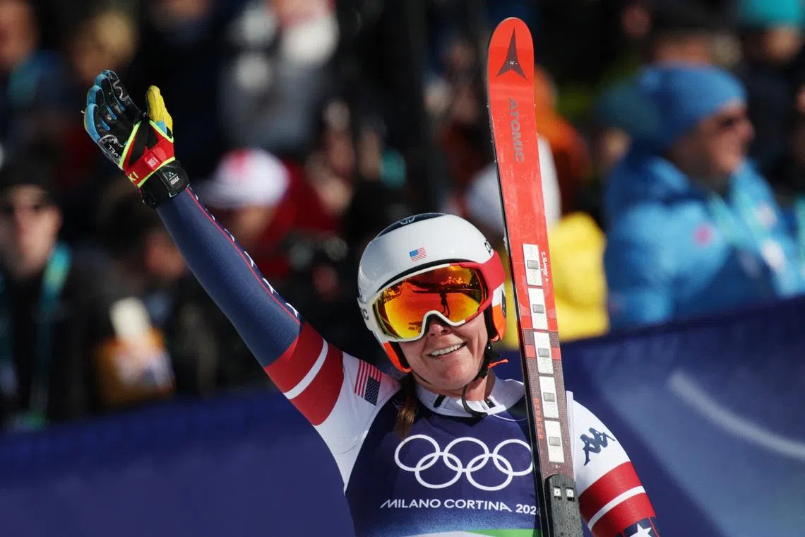 Milano Cortina 2026 Olympics - Alpine Skiing - Women's Downhill - Tofane Alpine Skiing Centre, Belluno, Italy - February 08, 2026. Breezy Johnson of United States reacts after her run during the women's downhill REUTERS/Leonhard Foeger
