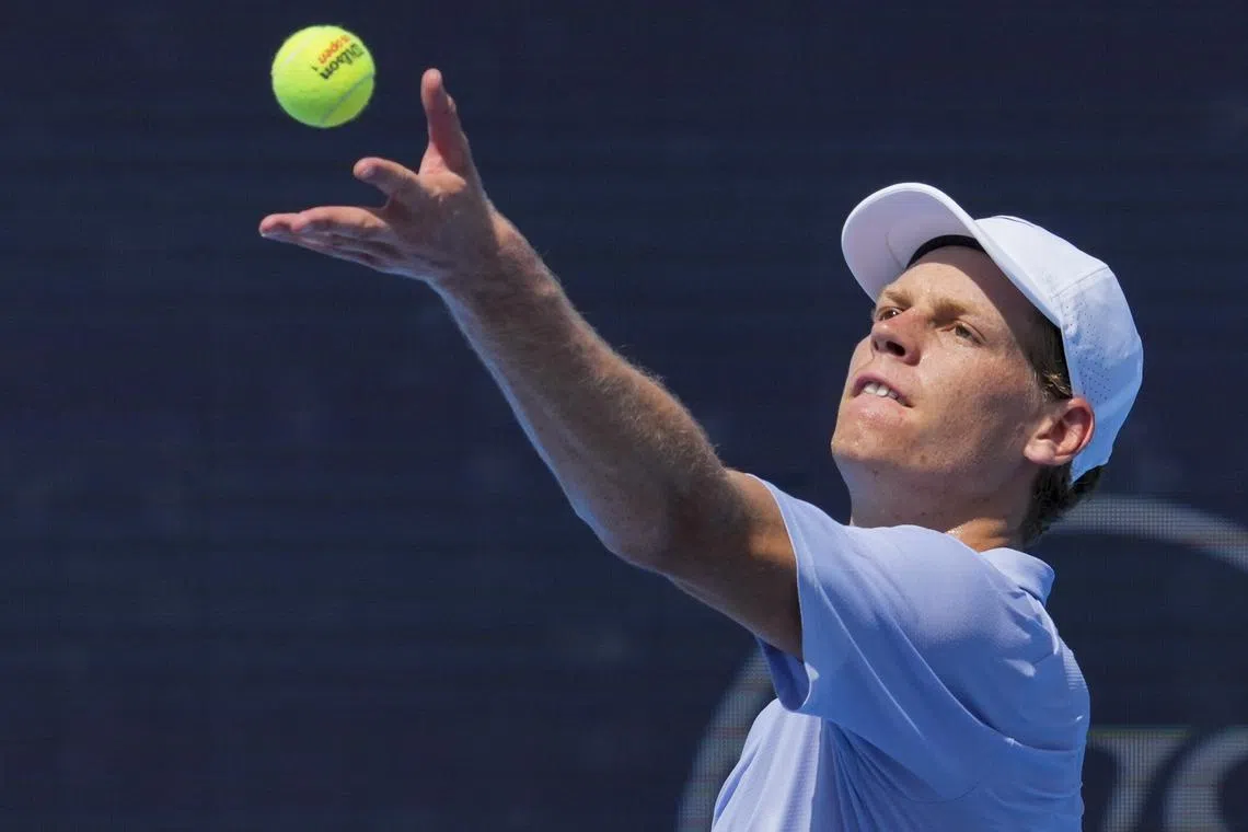 FILE PHOTO: Aug 9, 2025; Cincinnati, OH, USA; Jannik Sinner (ITA) serves against Daniel Elahi Galan (COL) during the Cincinnati Open at the Lindner Family Tennis Center. Mandatory Credit: Aaron Doster-Imagn Images/File Photo