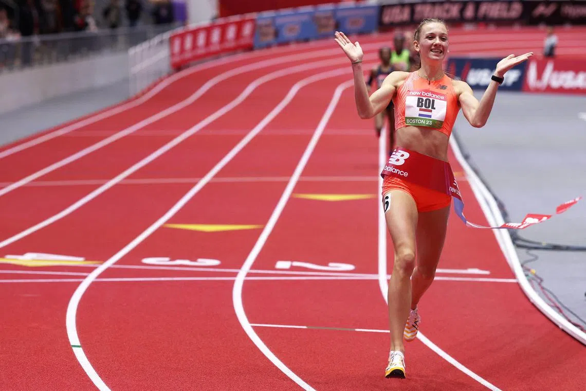 Femke Bol of the Netherlands celebrating after setting a world record in the women’s 500m during the New Balance Indoor Grand Prix on Sunday in Boston, Massachusetts.