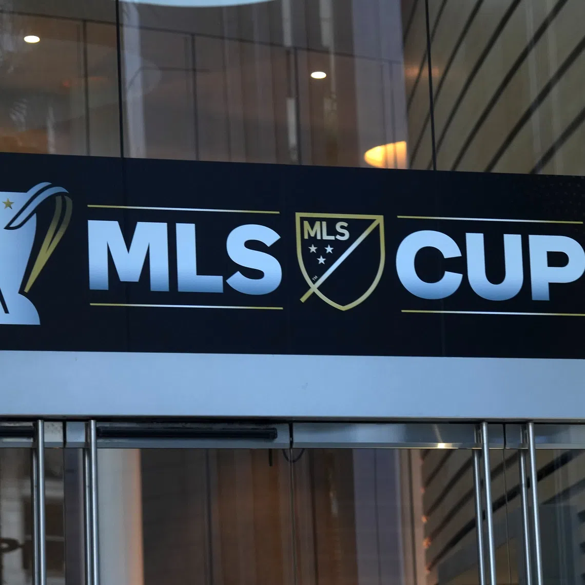 Nov 3, 2022; Los Angeles, California, USA; The MLS Cup logo at the InterContinental Los Angeles Downtown. Mandatory Credit: Kirby Lee-USA TODAY Sports