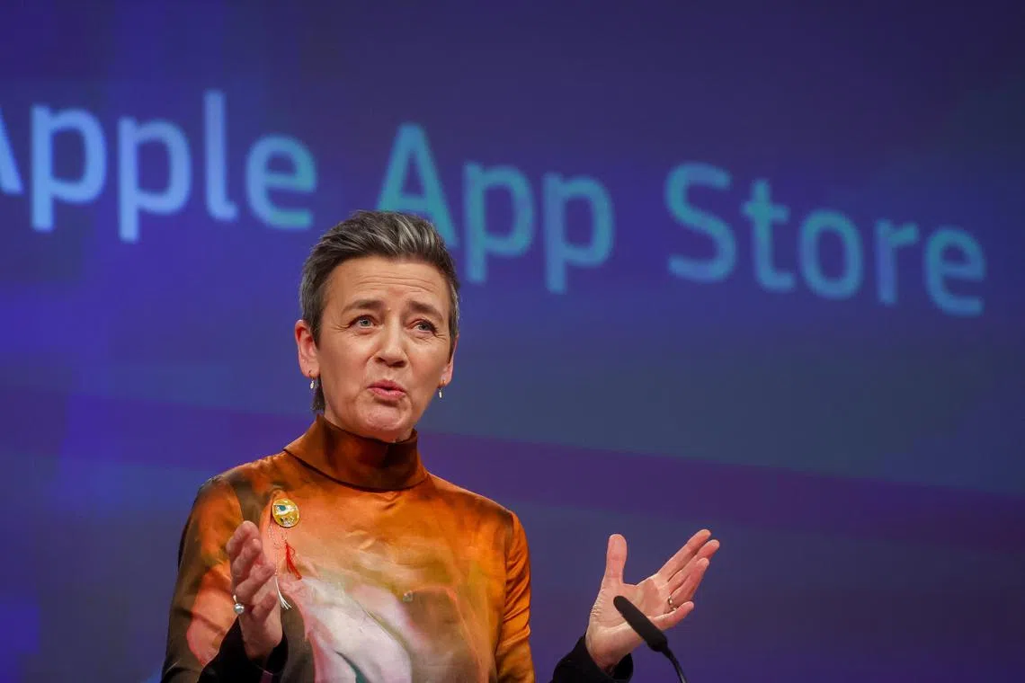epa11198303 Executive Vice-President for A Europe Fit for the Digital Age and Competition Margrethe Vestager gives a press conference on Antitrust case with Apple App Store in Brussels, Belgium, 04 March 2024. The European Union fines Apple nearly 1.8 billion euro for breaking the bloc's competition laws by unfairly favoring its own music streaming service over rivals.  EPA-EFE/OLIVIER HOSLET
