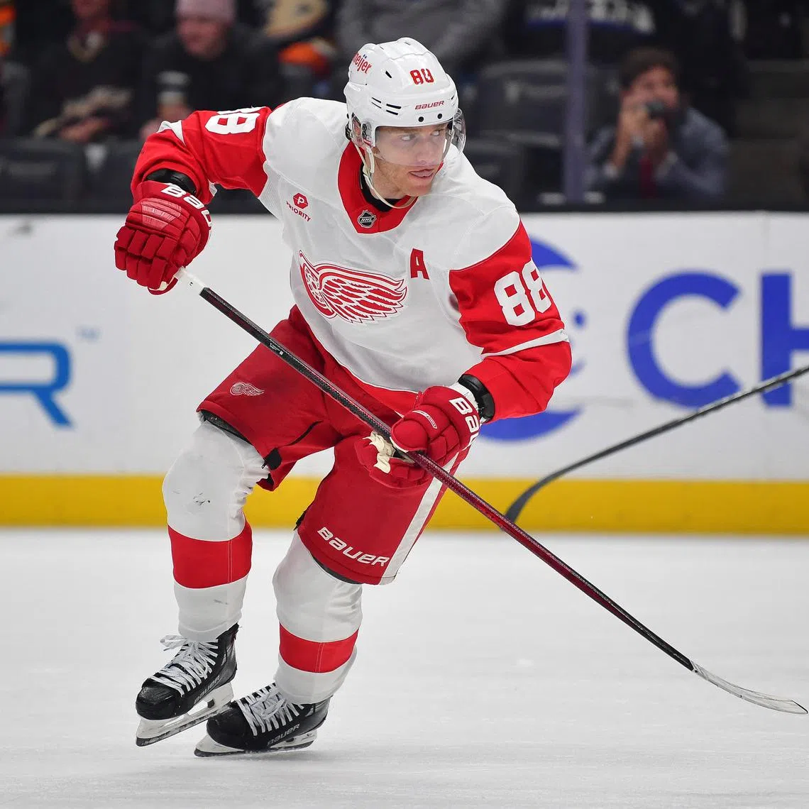 Nov 15, 2024; Anaheim, California, USA; Detroit Red Wings right wing Patrick Kane (88) in action against the Anaheim Ducks during the first period at Honda Center. Mandatory Credit: Gary A. Vasquez-Imagn Images/ File Photo