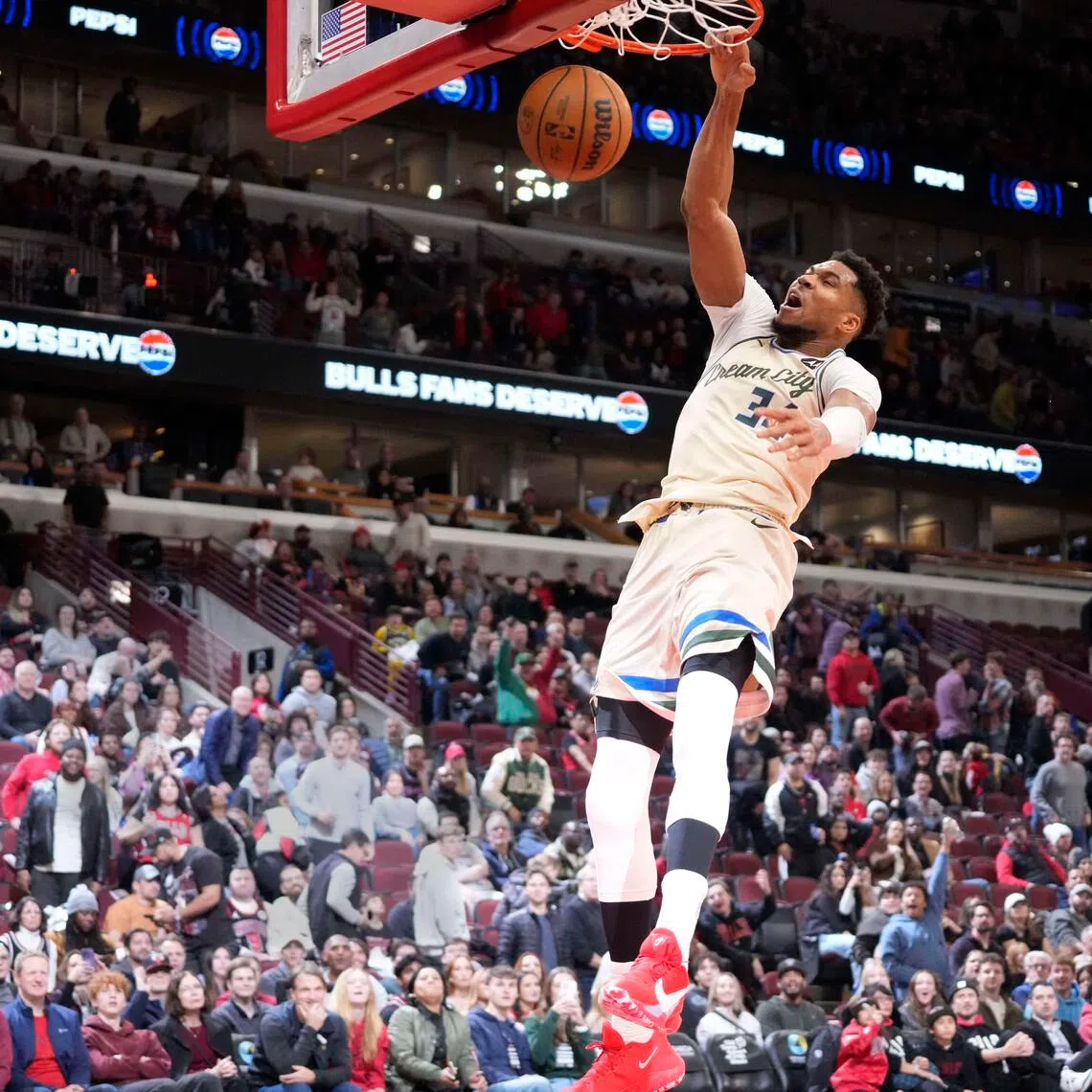 Milwaukee Bucks forward Giannis Antetokounmpo going up for a dunk during the 112-103 NBA win over the Chicago Bulls at United Center on Dec 27, 2025.