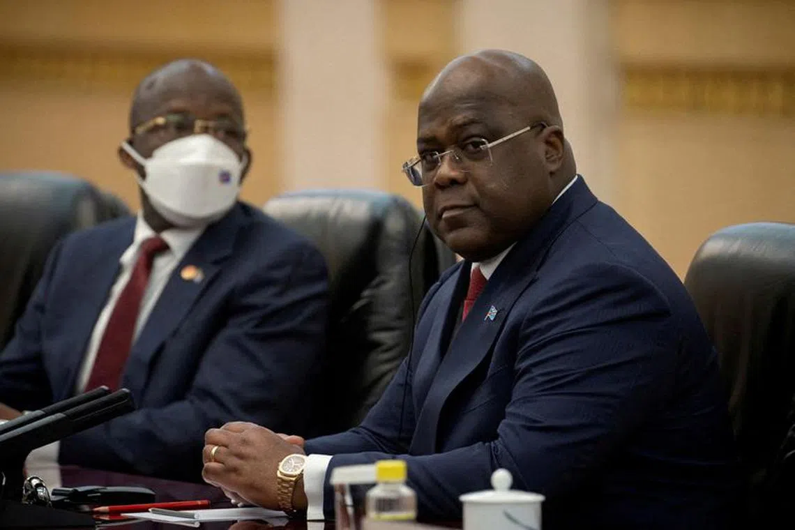 FILE PHOTO: Democratic Republic of Congo's President Felix Tshisekedi attends talks with Chinese Premier Li Qiang at the Great Hall of the People in Beijing, China May 26, 2023. REUTERS/Thomas Peter/Pool/File Photo