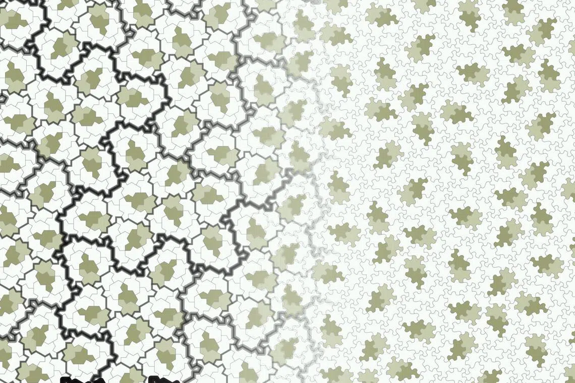 A tile shape which from the left tile fades into “the spectre”, which has curved edges, and was recently 'discovered' by retired print technician David Smith. 