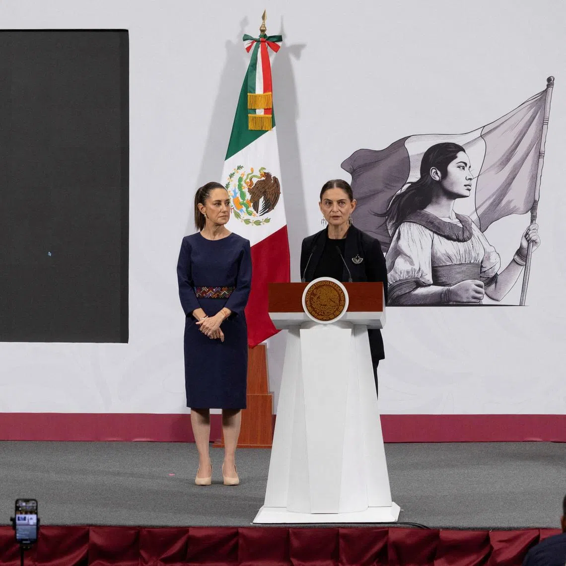 Marina Nunez Bespalova, Mexico’s Undersecretary of Cultural Development, speaks during President Claudia Sheinbaum’s morning press conference at the National Palace to condemn Adidas and US designer Willy Chavarria over the Oaxaca Slip On shoe, accused of misappropriating a sandal design rooted in Zapotec Indigenous heritage, in Mexico City, Mexico on Aug 8.