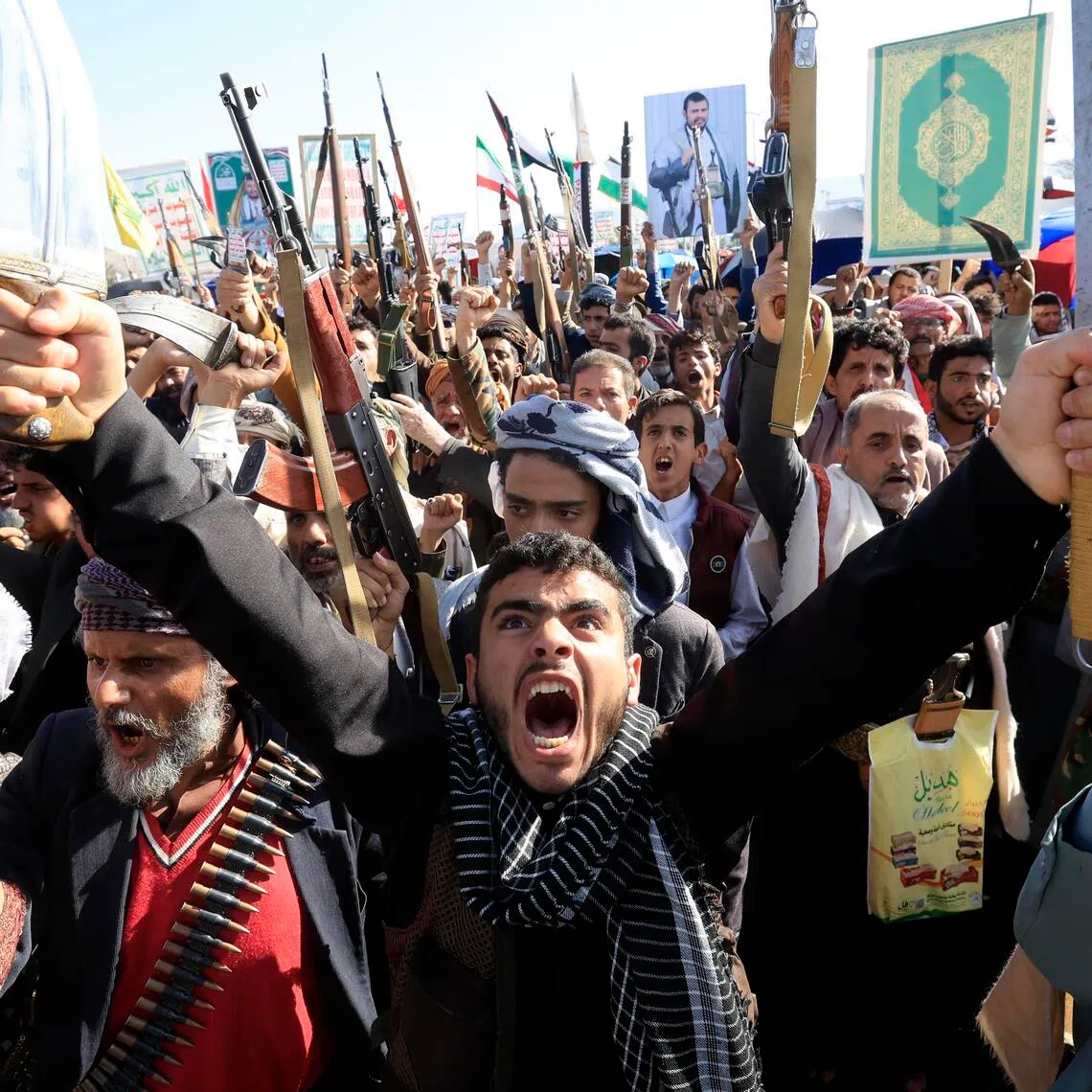 Thousands of Houthi supporters stage a protest denouncing Saudi Arabia in Sanaa, Yemen.
