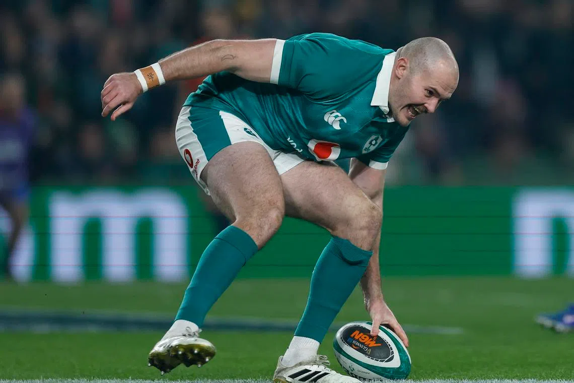 Rugby Union - Six Nations Championship - Ireland v Wales - Aviva Stadium, Dublin, Ireland - March 6, 2026 Ireland's Jacob Stockdale scores their first try REUTERS/Clodagh Kilcoyne