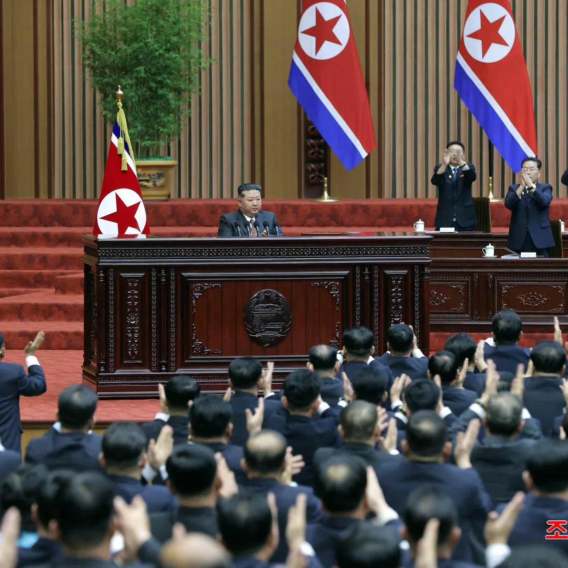 North Korean leader Kim Jong Un attends the second day of the first session of the Supreme People's Assembly in Pyongyang, North Korea, March 23, 2026, in this picture released by North Korea's official Korean Central News Agency. KCNA via REUTERS