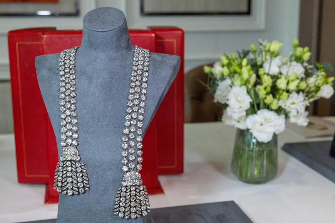 An historic and highly important necklace set with nearly 500 diamonds weighing a total of approximately 300 carats and formally in the collection of the Marquess of Anglesey is pictured during an auction preview at Sotheby's and is estimated to fetch 1,600,000 to 2,000,000 CHF in Geneva, Switzerland, November 7, 2024. REUTERS/Denis Balibouse