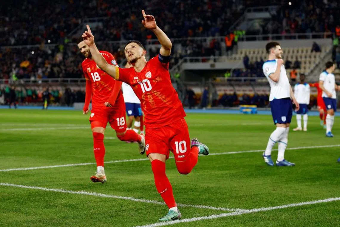 Soccer Football - Euro 2024 Qualifier - Group C - North Macedonia v England - Tose Proeski Arena, Skopje, North Macedonia - November 20, 2023 North Macedonia's Enis Bardhi celebrates scoring their first goal Action Images via Reuters/Peter Cziborra     TPX IMAGES OF THE DAY