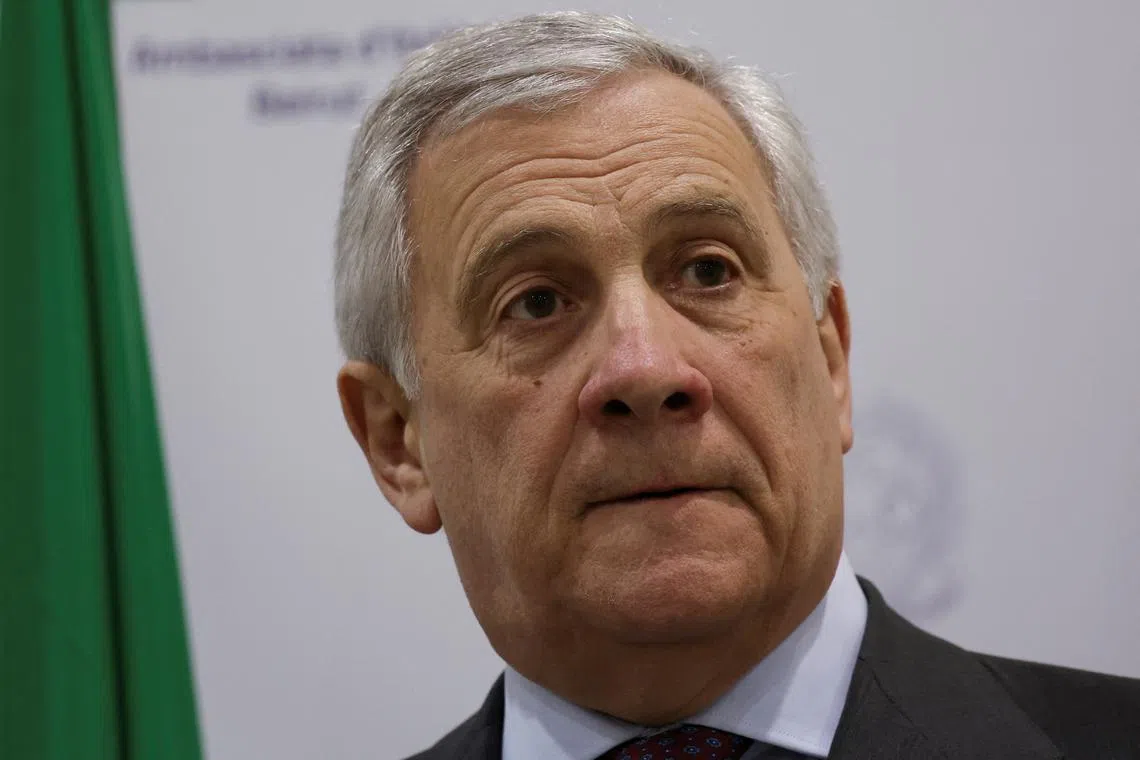 FILE PHOTO: Italian Foreign Minister Antonio Tajani looks on during a press conference in the building of the Italian embassy, in Baabda, Lebanon, January 10, 2025. REUTERS/Mohamed Azakir/File Photo