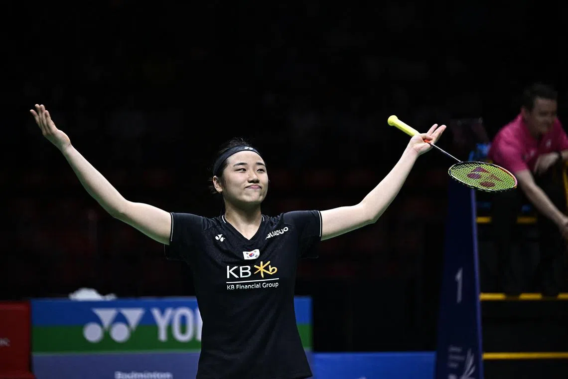 South Korea’s An Se-young celebrates after beating China’s He Bingjiao in the women's singles final of the Thailand Open.